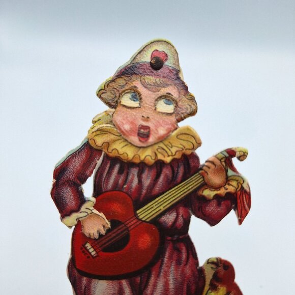 Vintage German Die-Cut Clown Card Guitar Parrot Moving Arm Musician Valentine - Picture 3 of 6